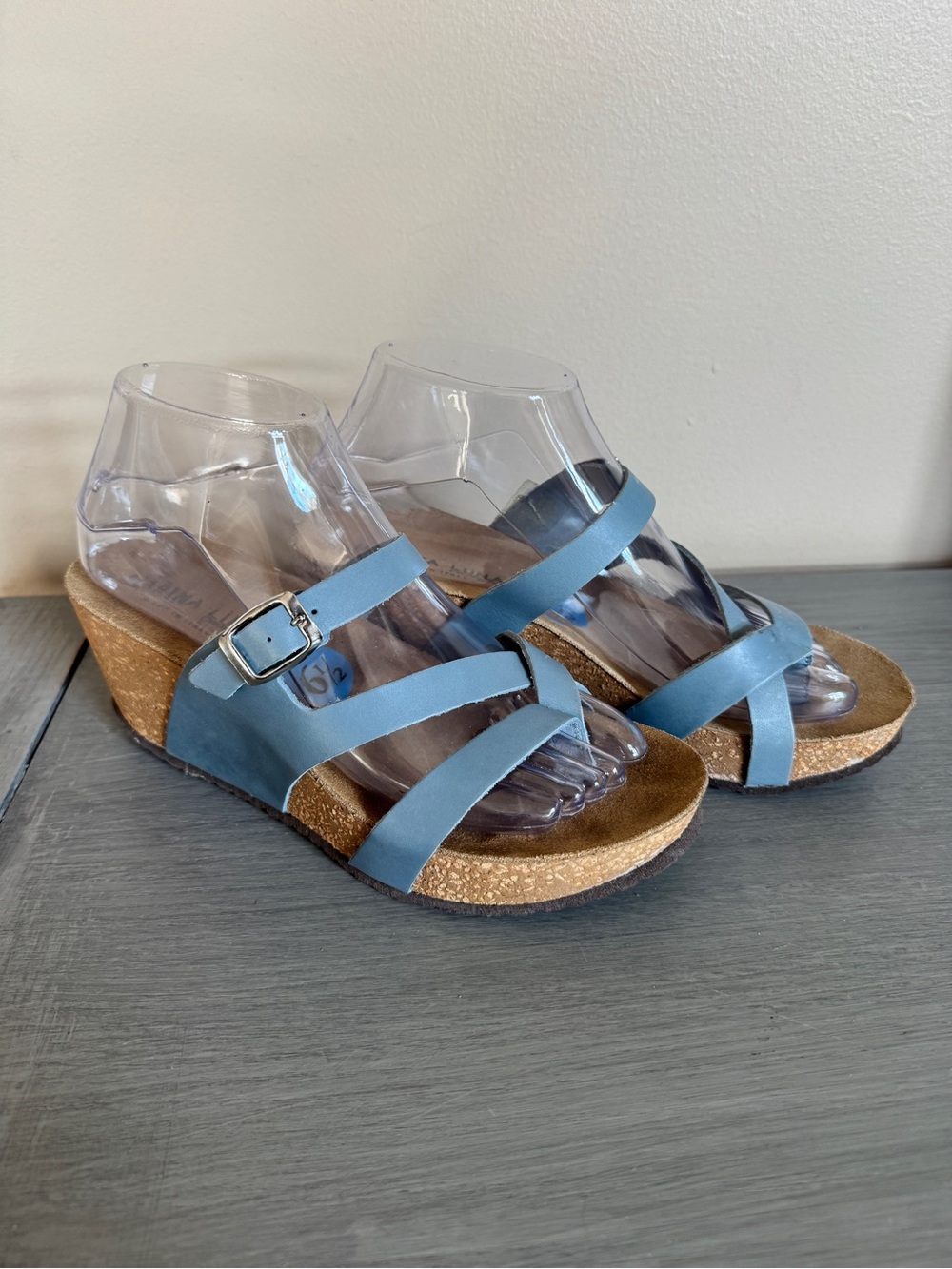 Marina Luna Women's Comfort Wedge Leather Sandal Size 6.5 Strappy Blue